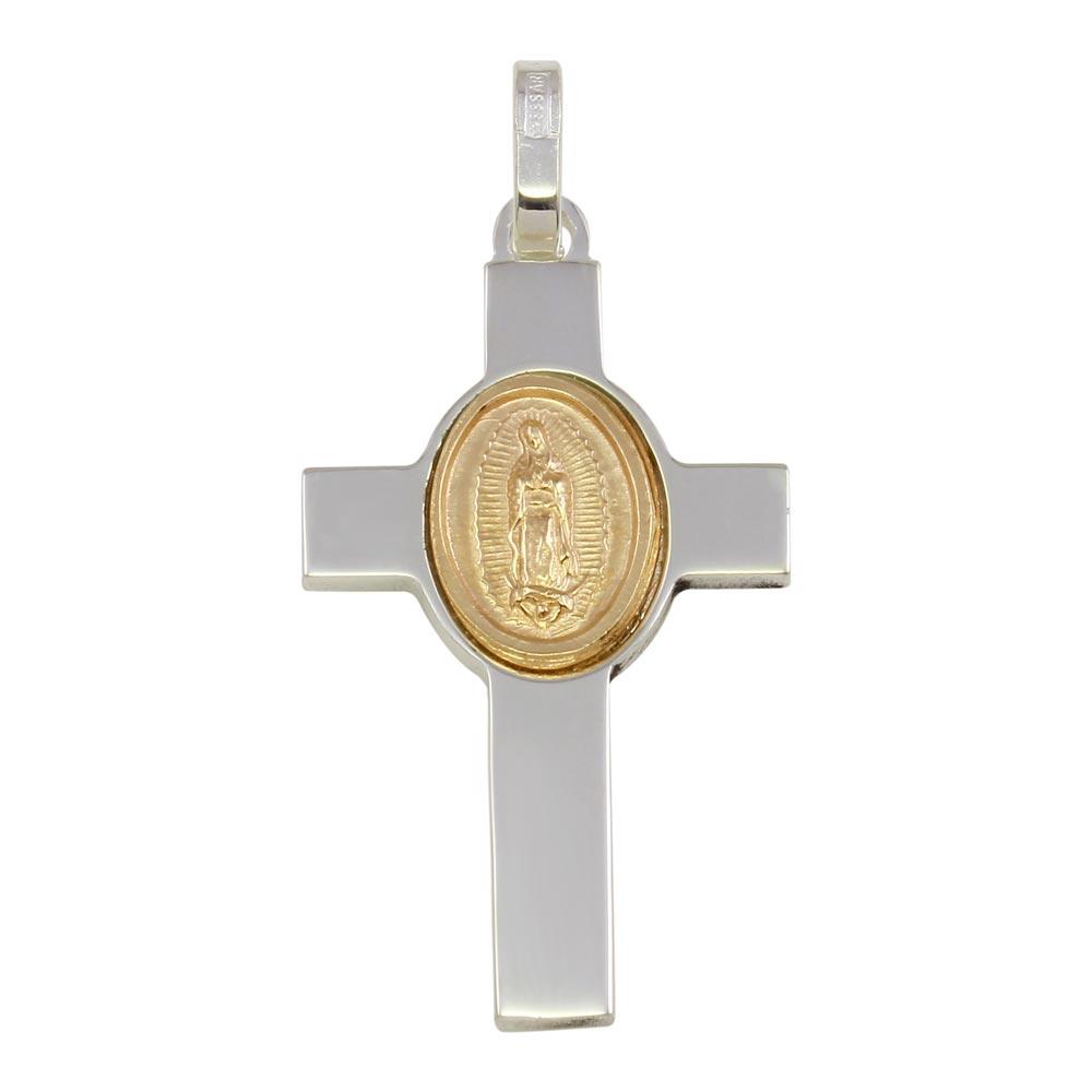 Rhodium Plated 925 Sterling Silver Cross Pendant with Gold Plated Medallion - ARP00038GP