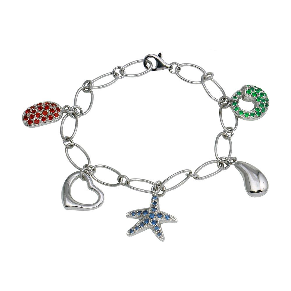 Rhodium Plated 925 Sterling Silver Sealife Charm Bracelet - B00011