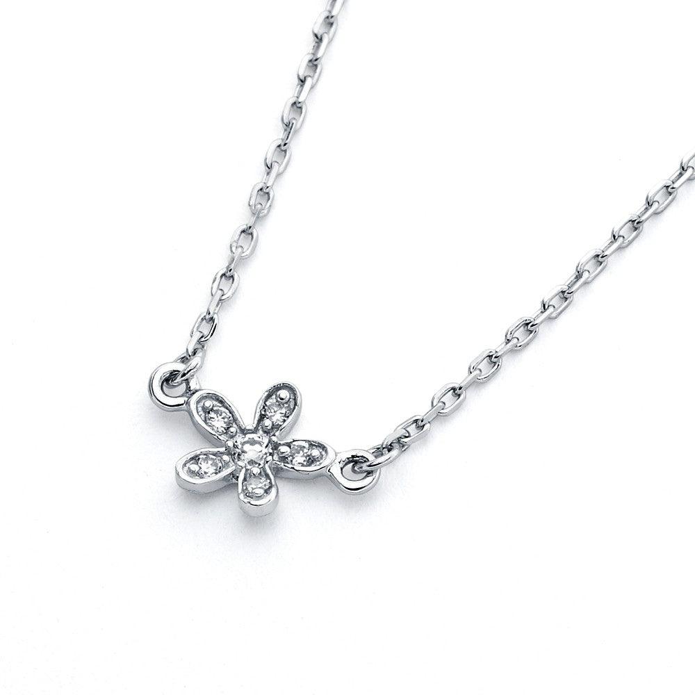 Silver 925 Rhodium Plated Flower CZ Inlay Necklace - BGP00808