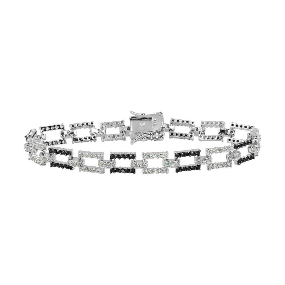 Rhodium Plated 925 Sterling Silver Rectangle Link Bracelet with CZ - BGB00013