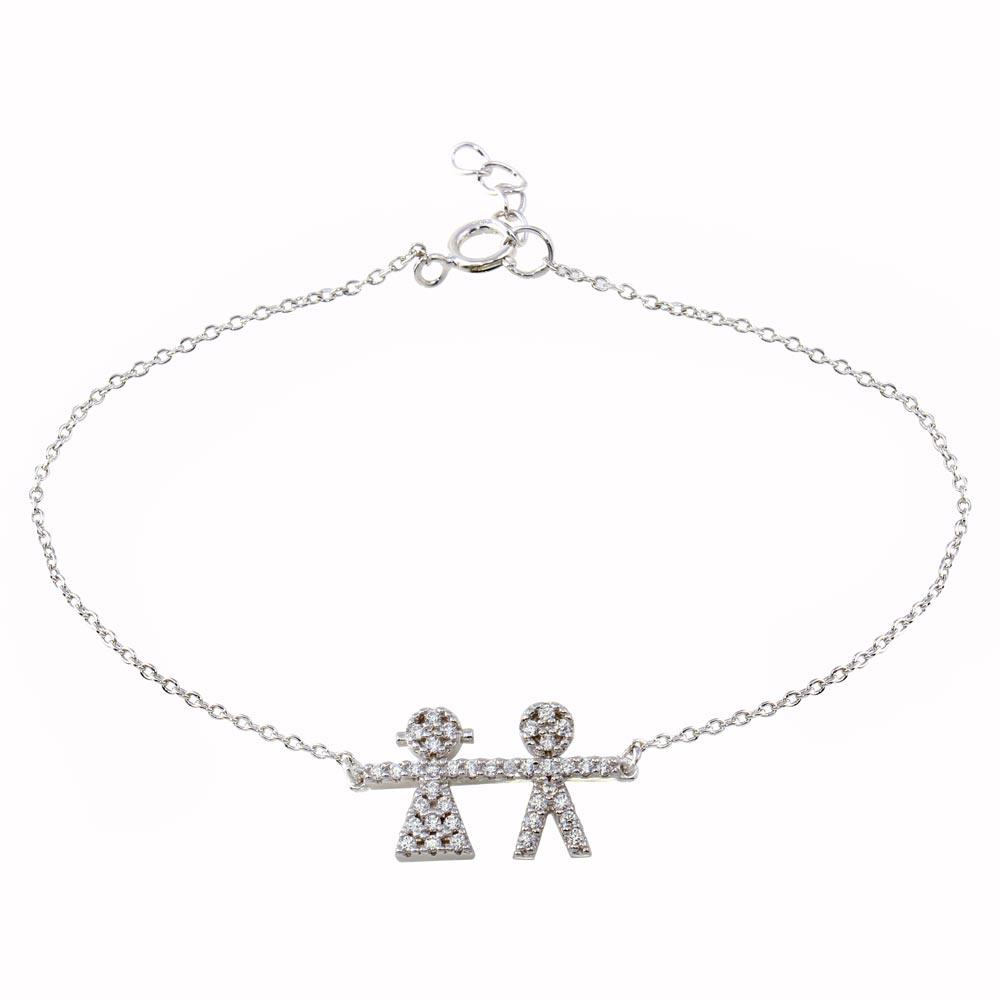 Rhodium Plated 925 Sterling Silver CZ Boy AND Girl Chain Bracelet - BGB00335BG