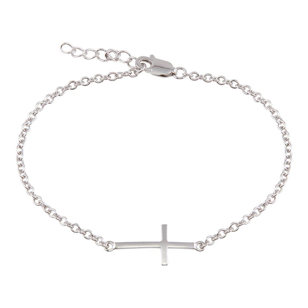 Silver 925 Rhodium Plated Sideways Cross Bracelet - BGB00110