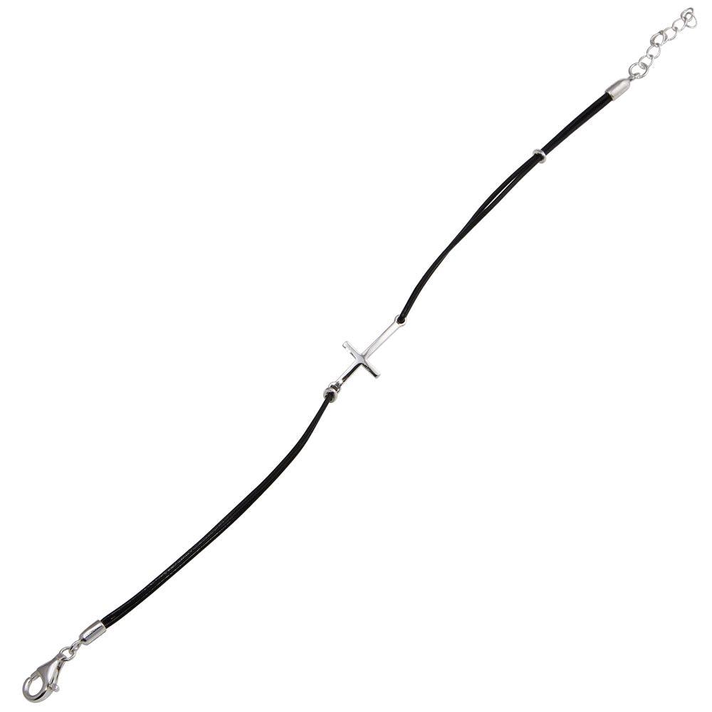 Rhodium Plated 925 Sterling Silver Sideways Cross Black Leather Cord Bracelet - BGB00151