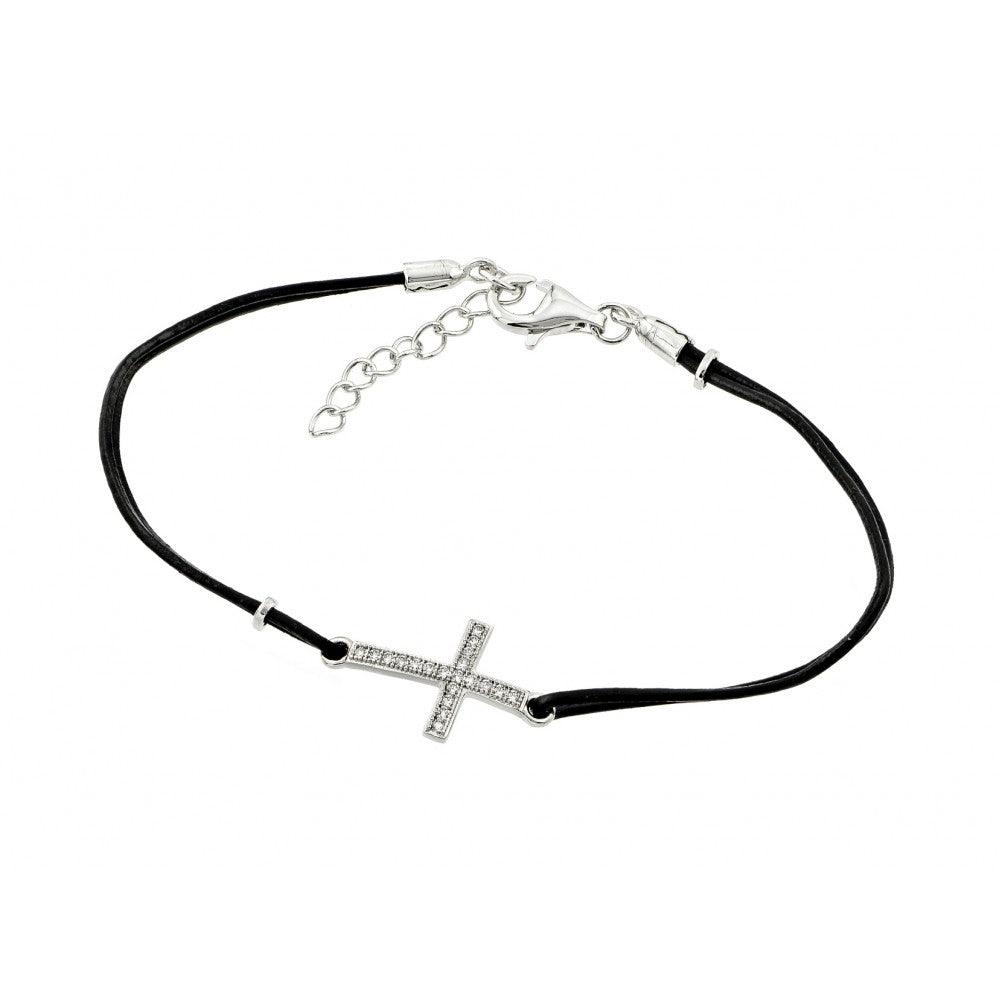 Silver 925 Rhodium Plated Sideways Cross CZ Black Leather Cord Bracelet - BGB00156RHD