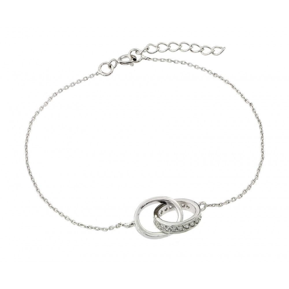 Silver 925 Rhodium Plated Double Ring Link CZ Bracelet - BGB00186