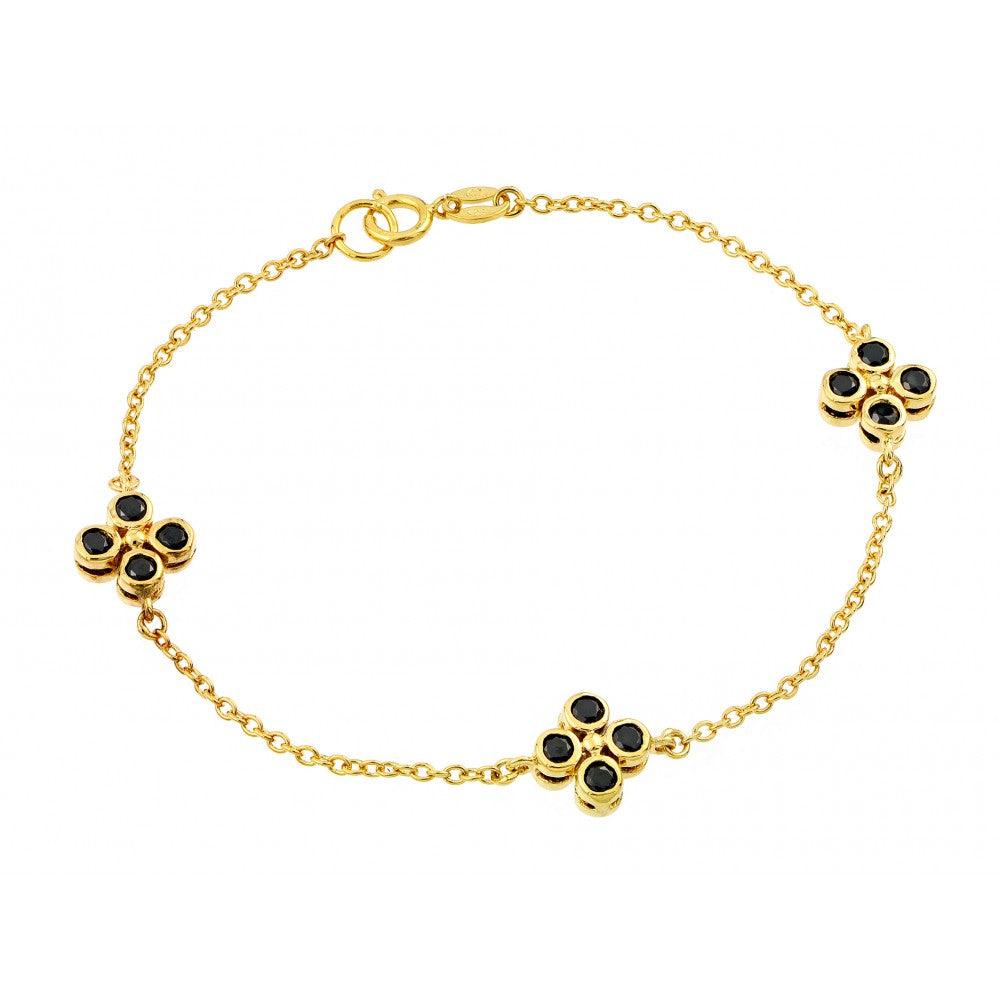 Silver 925 Gold Plated Three Clover Black CZ Inlay Bracelet - BGB00189