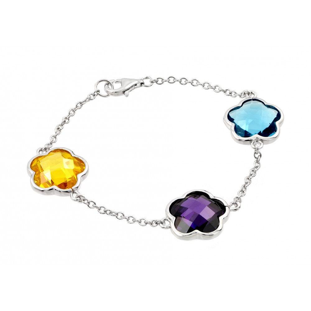 Silver 925 Rhodium Plated Multi Colored CZ Flower Bracelet - BGB00201