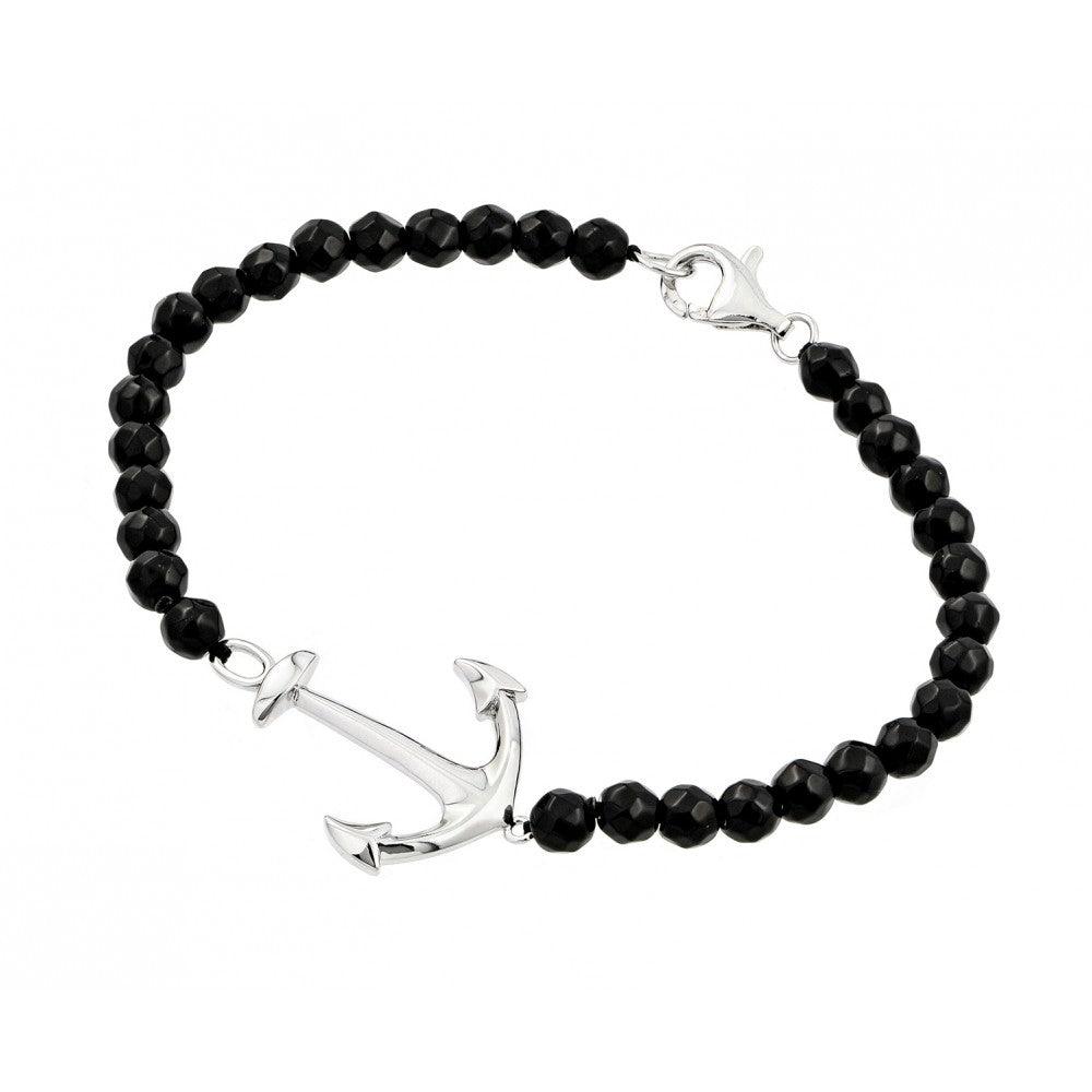 Silver 925 Rhodium Plated Black Bead Anchor Bracelet - BGB00213