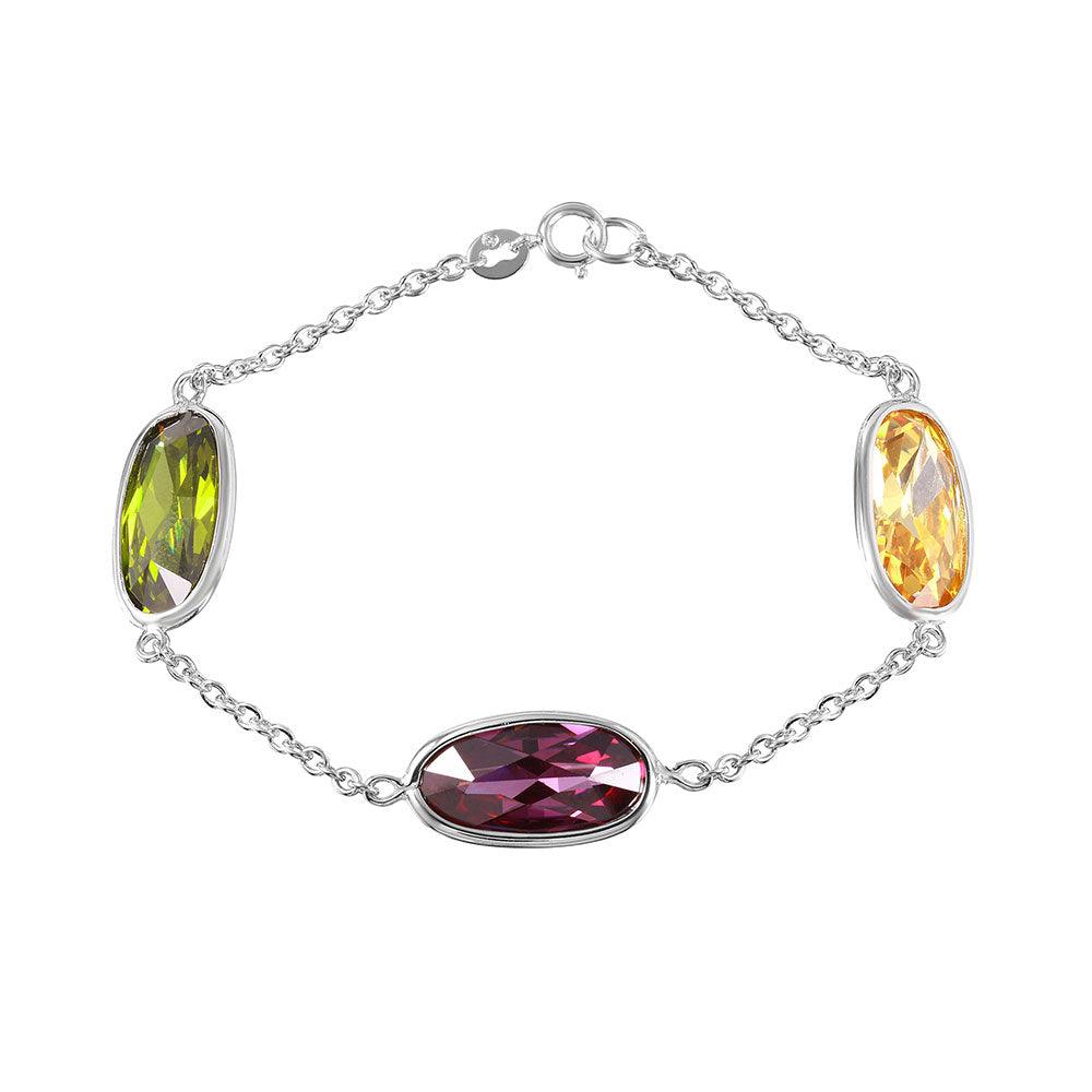 Silver 925 3 Multi Color Oval Ship CZ Link Bracelet - BGB00261