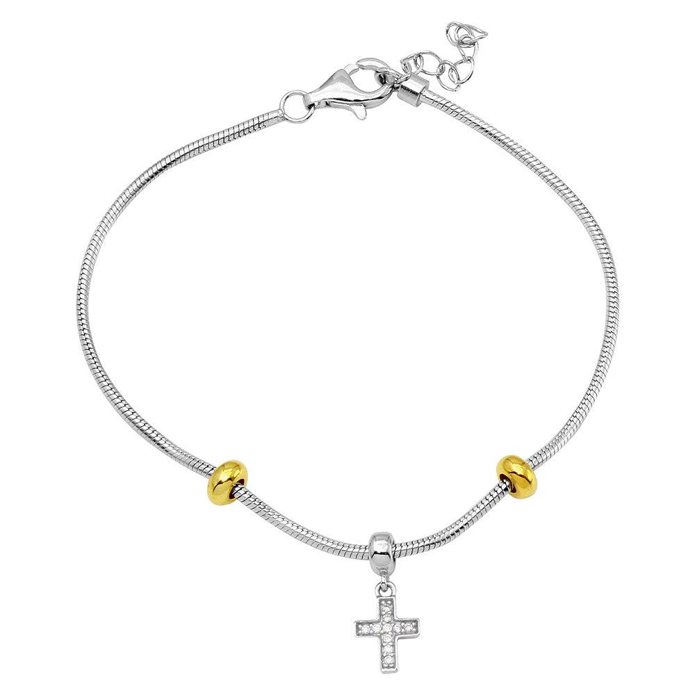 Rhodium Plated 925 Sterling Silver Snake Bracelet with CZ Cross Charm - BGB00288