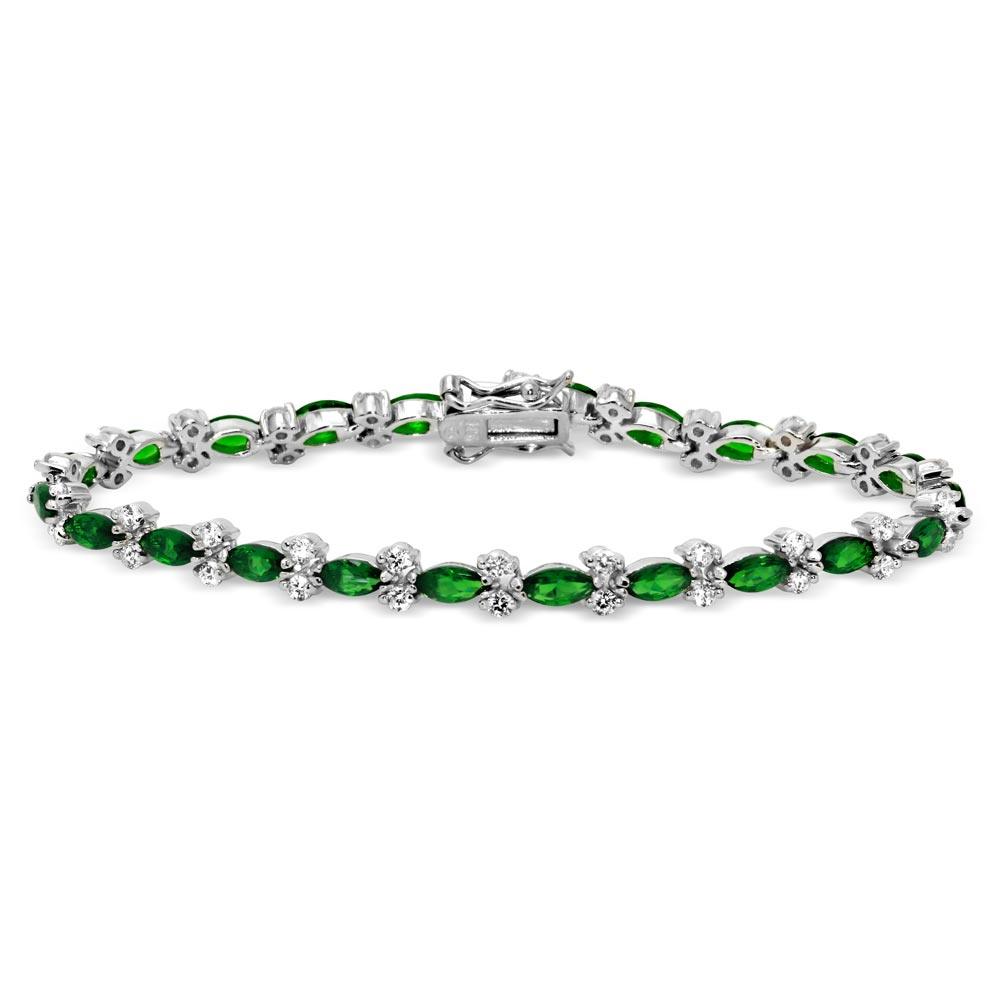 Rhodium Plated 925 Sterling Silver 5mm Green Marquise and Clear Round CZ Tennis Bracelet - BGB00293GRN