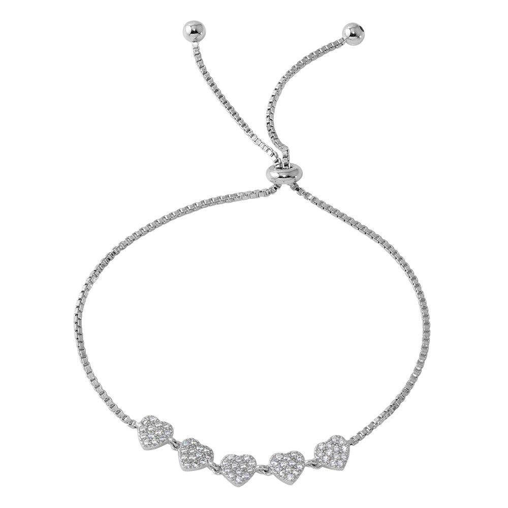 Rhodium Plated 925 Sterling Silver 5 Heart with CZ Lariat Bracelet - BGB00295