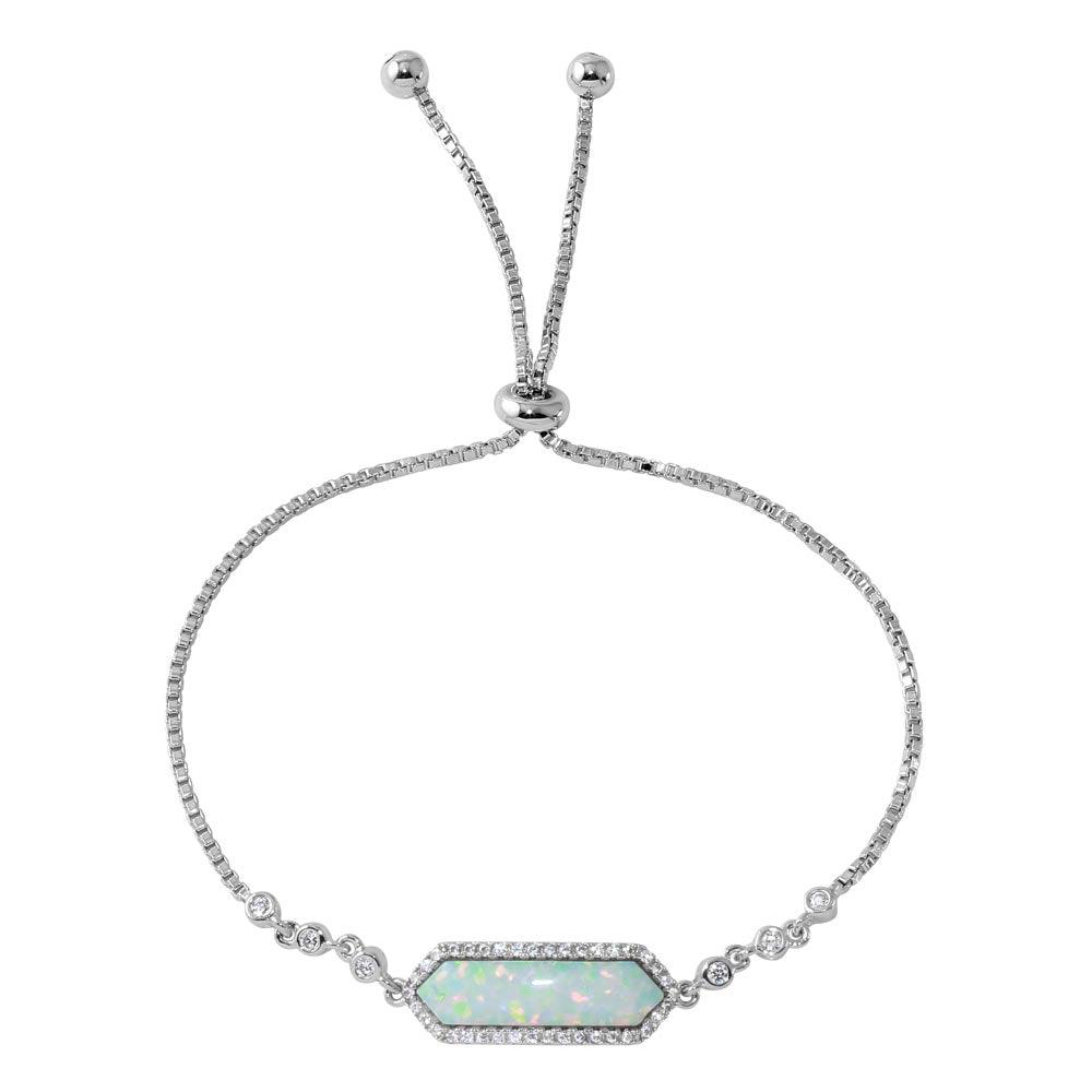 Rhodium Plated 925 Sterling Silver White Opal with CZ Lariat Bracelet - BGB00297