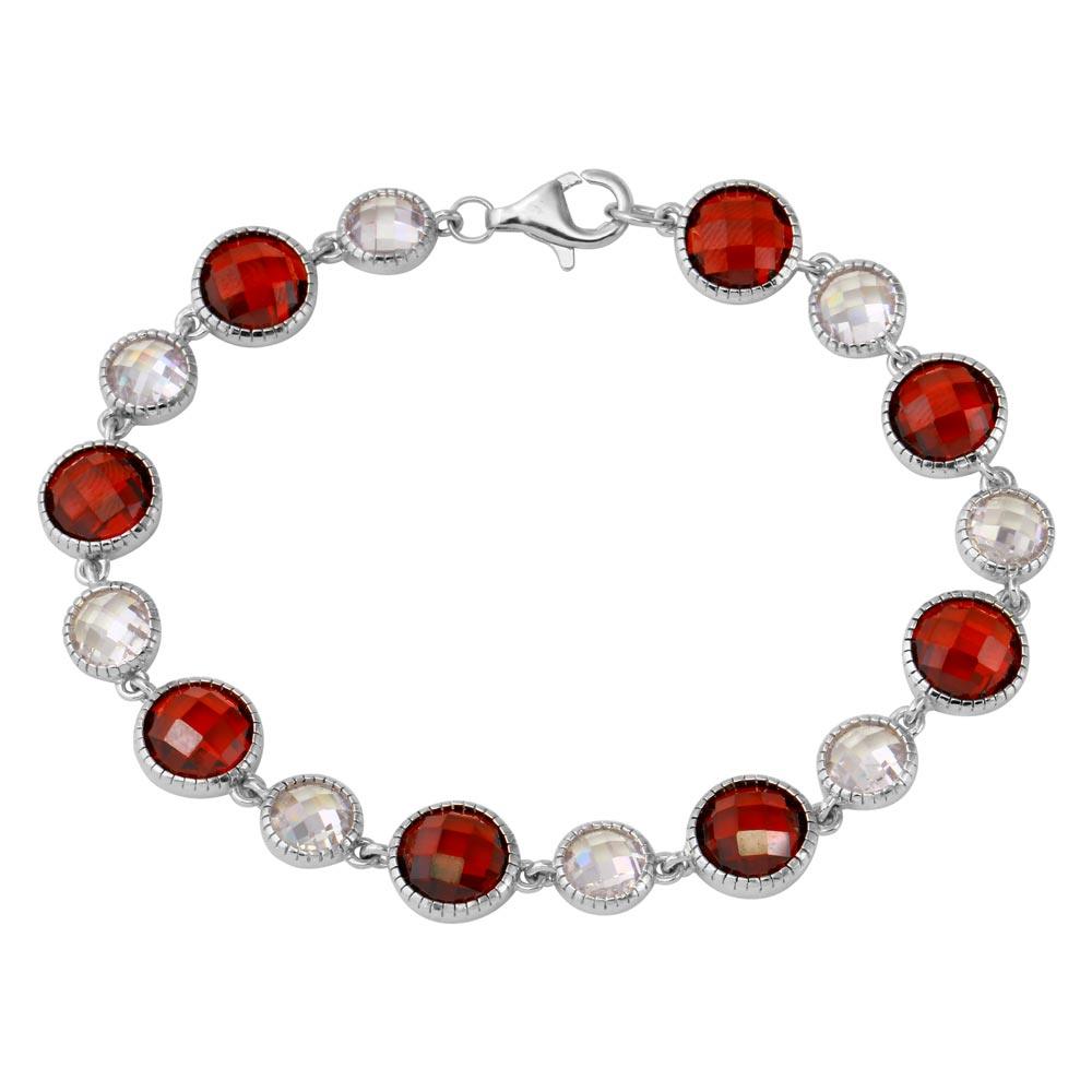 Rhodium Plated 925 Sterling Silver 9mm Alternating Round Red and Clear CZ Tennis Bracelet - BGB00302RED