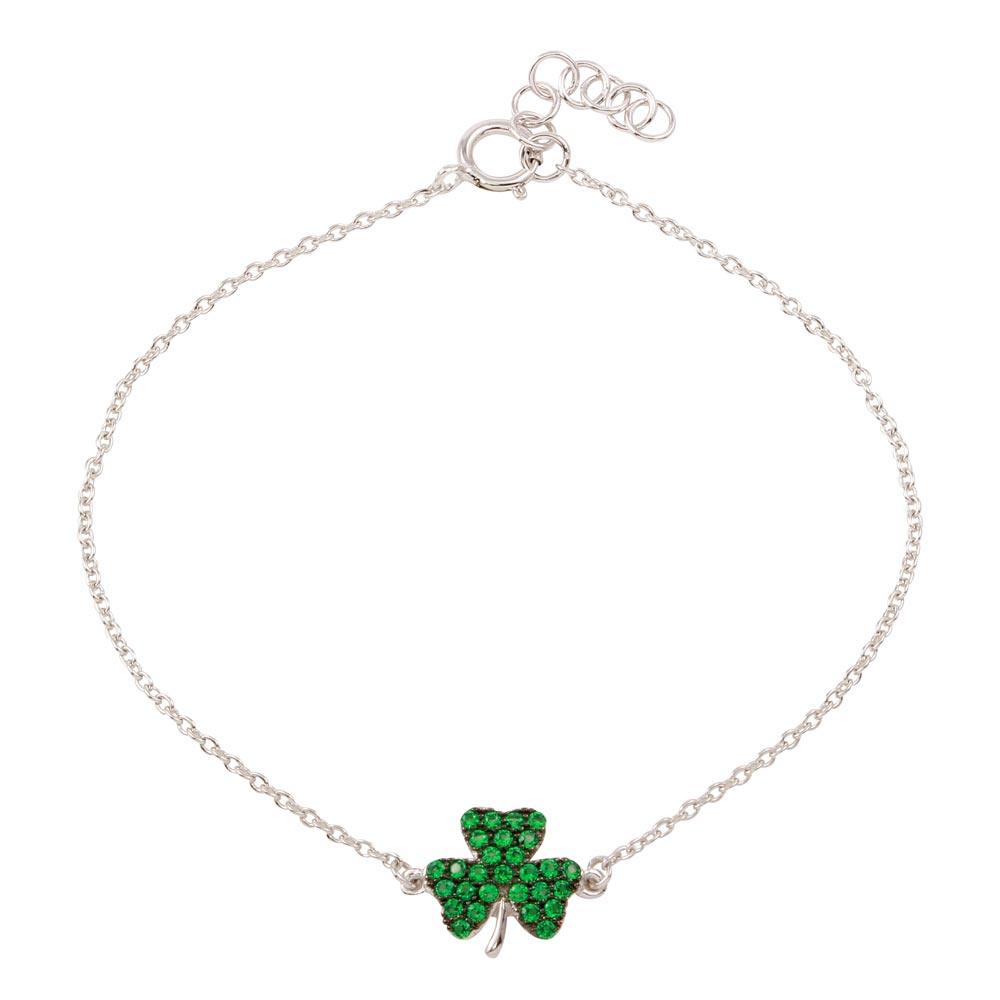 Rhodium Plated 925 Sterling Silver Clover Bracelet with Green CZ - BGB00311GRN