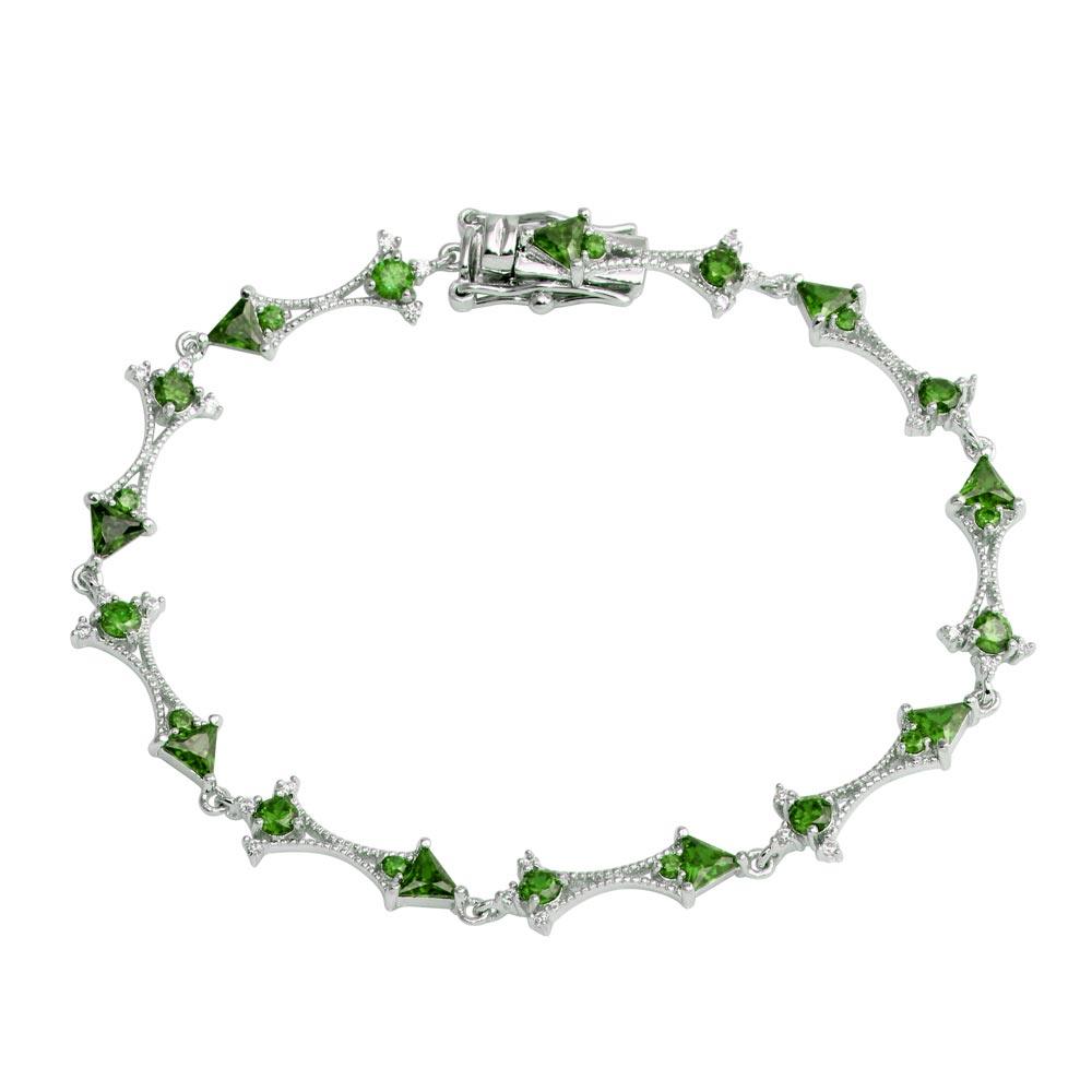 Rhodium Plated 925 Sterling Silver Green CZ Tennis Link Bracelet - BGB00314GRN