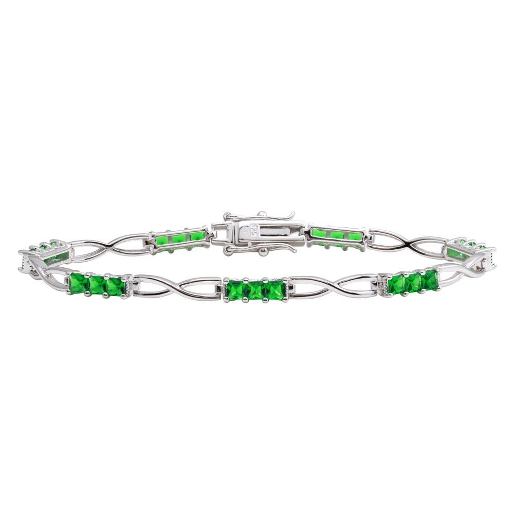 Rhodium Plated 925 Sterling Silver 4.4mm Infinity Link Green CZ Tennis Bracelet - BGB00318GRN