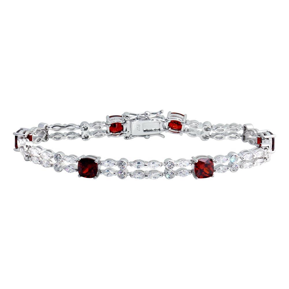 Rhodium Plated 925 Sterling Silver 2 Row Clear and Red CZ Tennis Bracelet - BGB00332RED