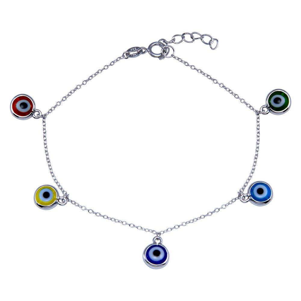 925 Sterling Silver CZ Multicolored Dangling Evil Eye Bracelet  - BGB00355