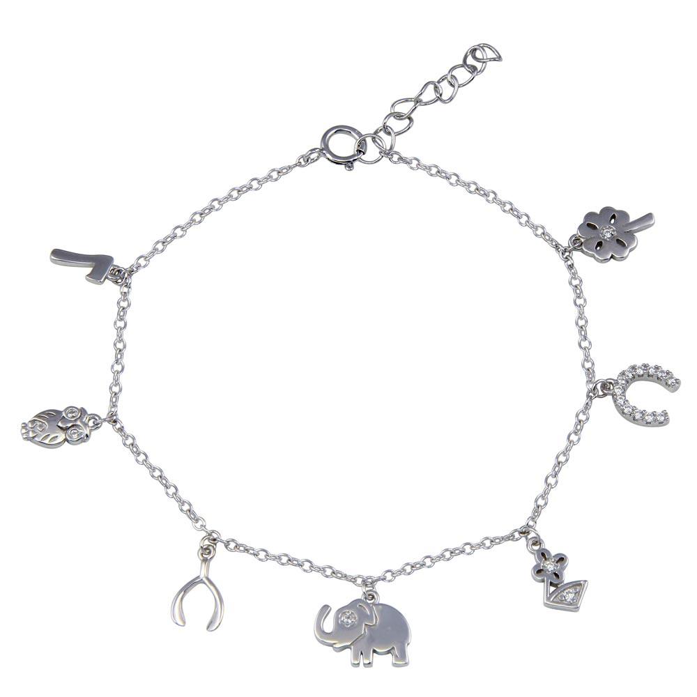 Silver 925 Rhodium Plated Open Circle Dangling Center Heart CZ Inlay Bracelet - BGB00036