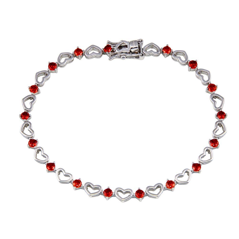 Rhodium Plated 925 Sterling Silver Red CZ Heart Link Bracelet - BGB00379