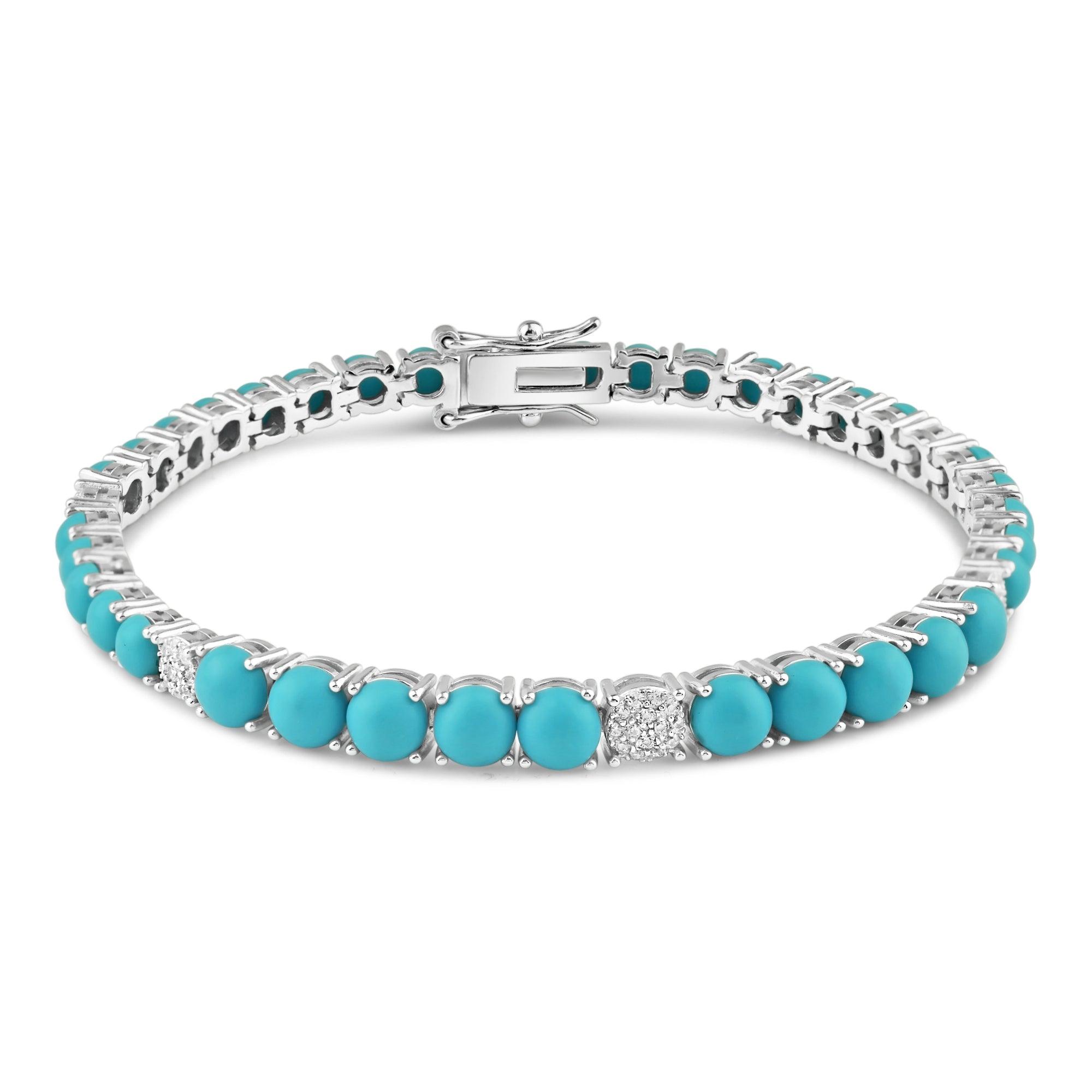 Rhodium Plated 925 Sterling Silver Turquoise and Clear CZ 5mm Tennis Bracelet - BGB00384