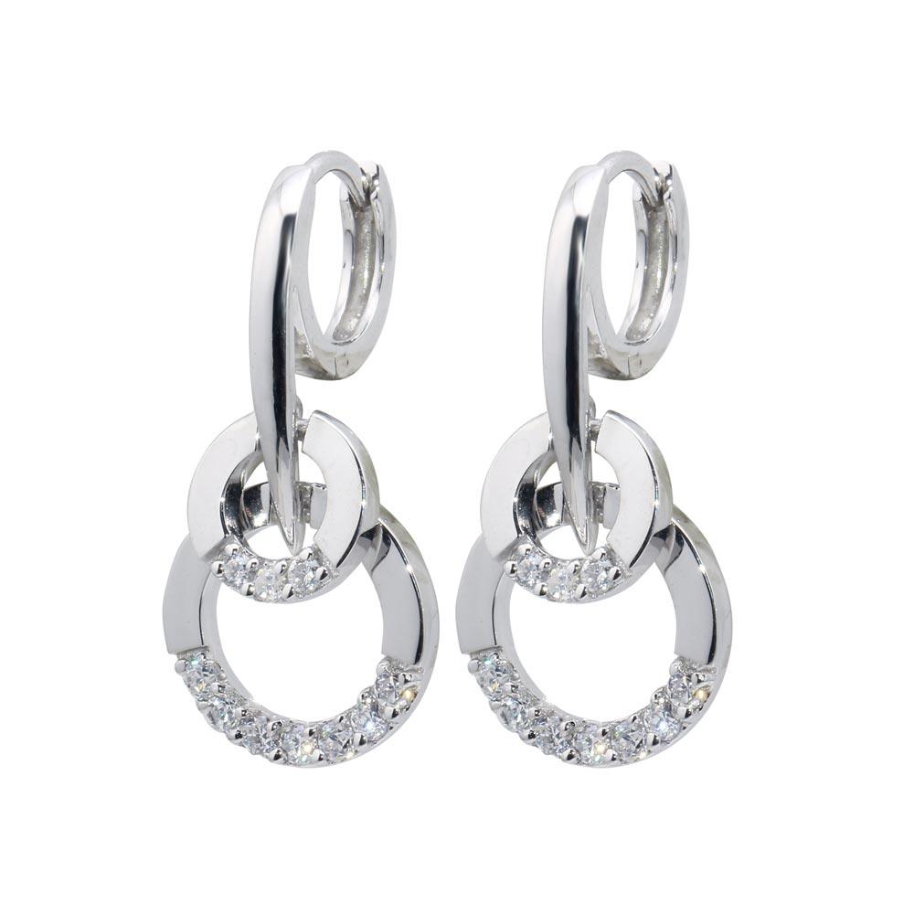 Silver 925 Rhodium Plated Two Round CZ Lever Back huggie hoop Earrings - BGE00098