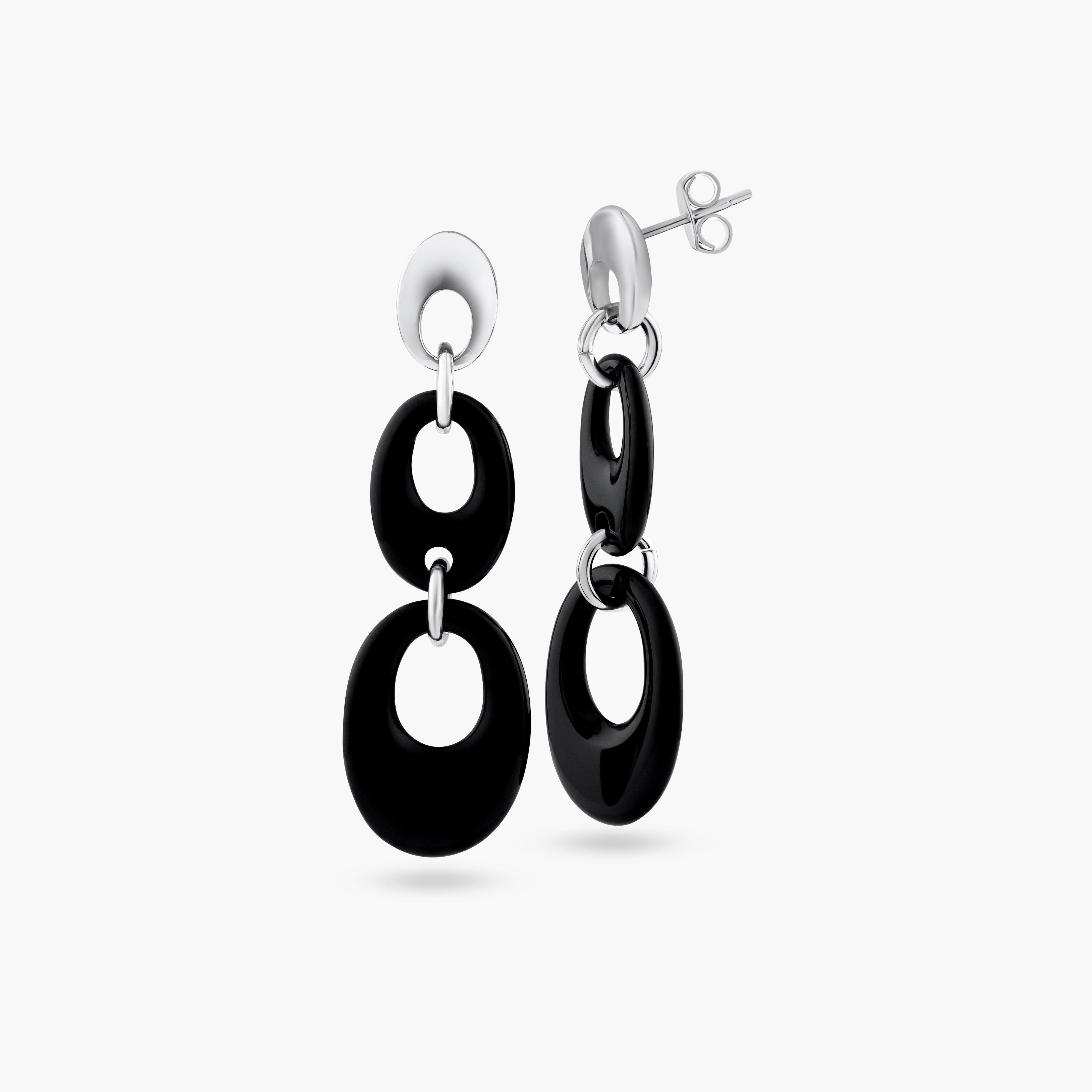 Closeout-Silver 925 Rhodium Plated Black Open Oval Onyx Stud Dangling Earrings - BGE00113