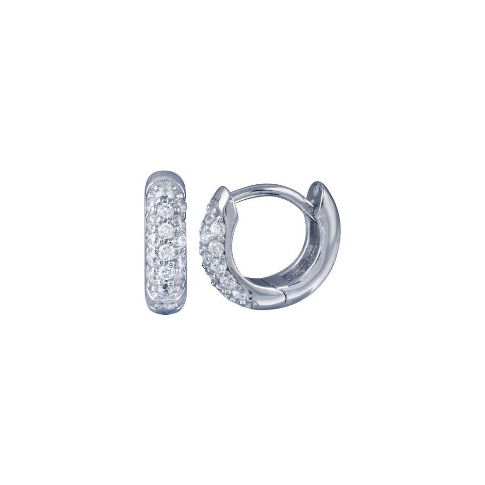 Silver 925 Rhodium Plated Round Clear CZ Inlay huggie hoop Earrings - BGE00178