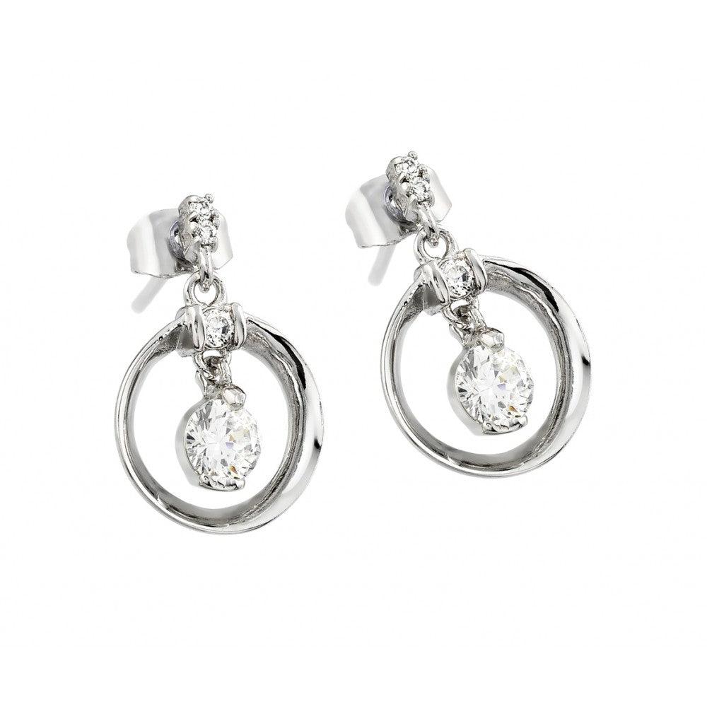 Silver 925 Rhodium Plated Open Circle Round CZ Dangling Stud Earrings - BGE00227