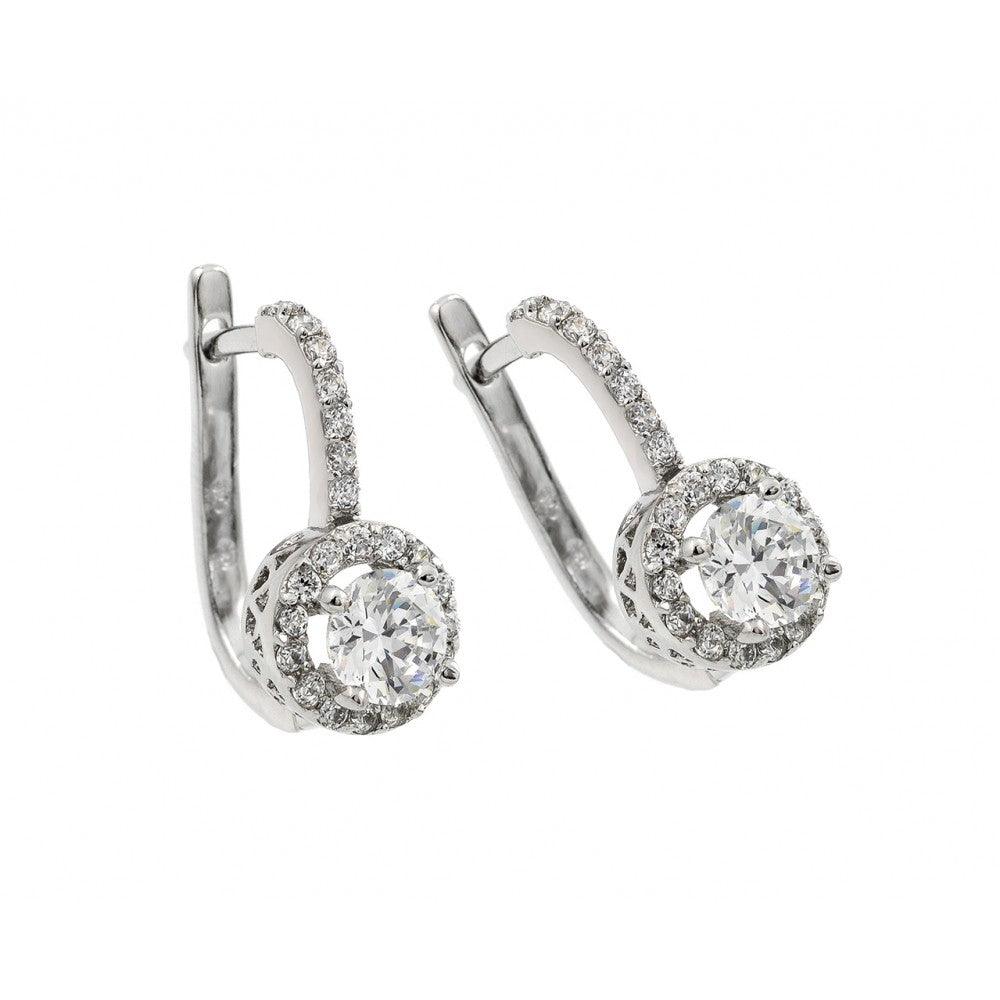 Silver 925 Rhodium Plated Round Center CZ Leverback Earrings - BGE00245