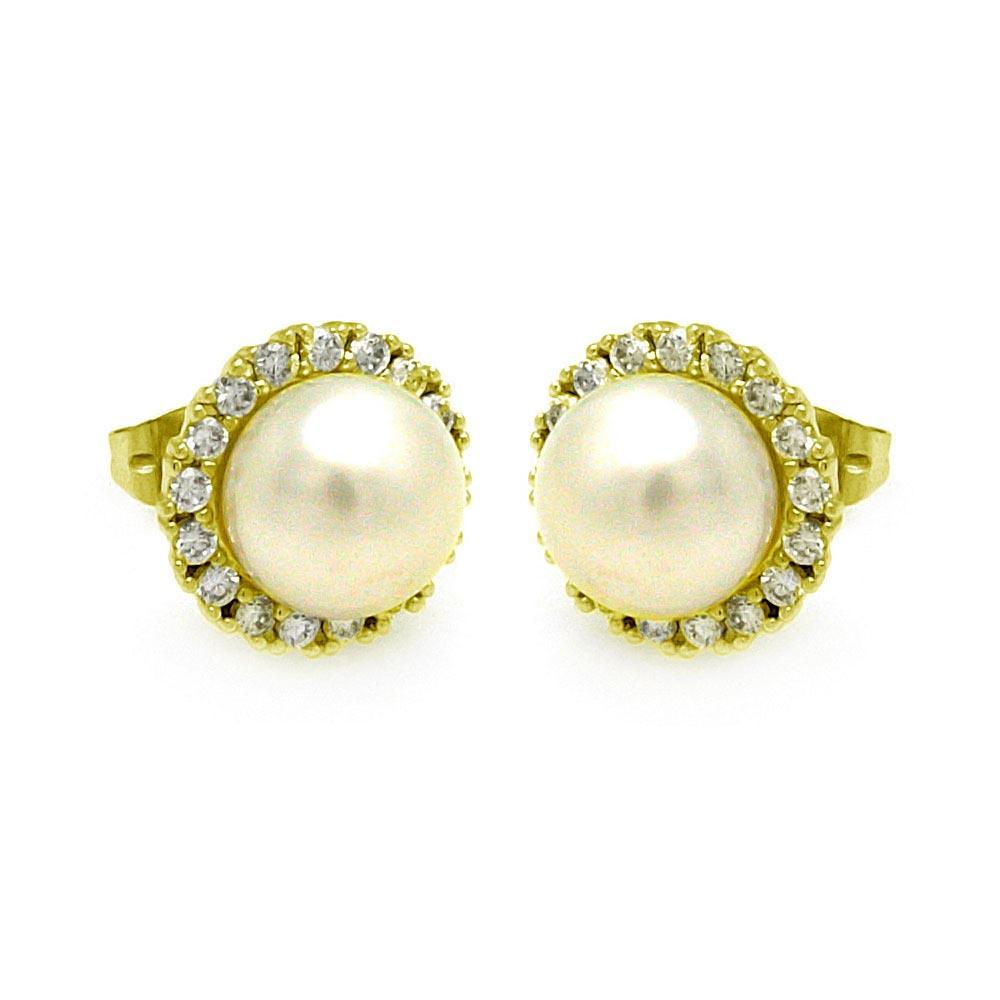 Gold Plated 925 Sterling Silver Round CZ Center Fresh Water Pearl Stud Earrings - BGE00253GP