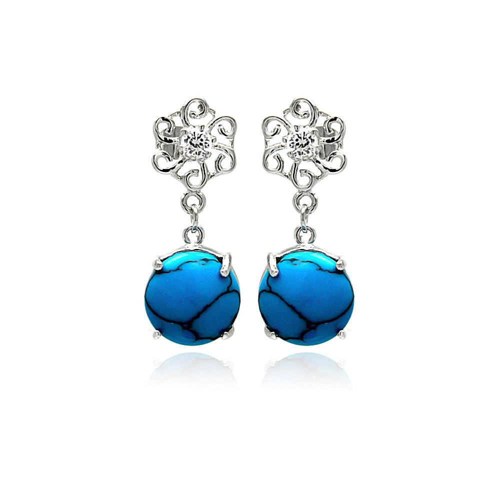 Silver 925 Rhodium Plated Turquoise Clear CZ Flower Dangling Stud Earrings - BGE00260