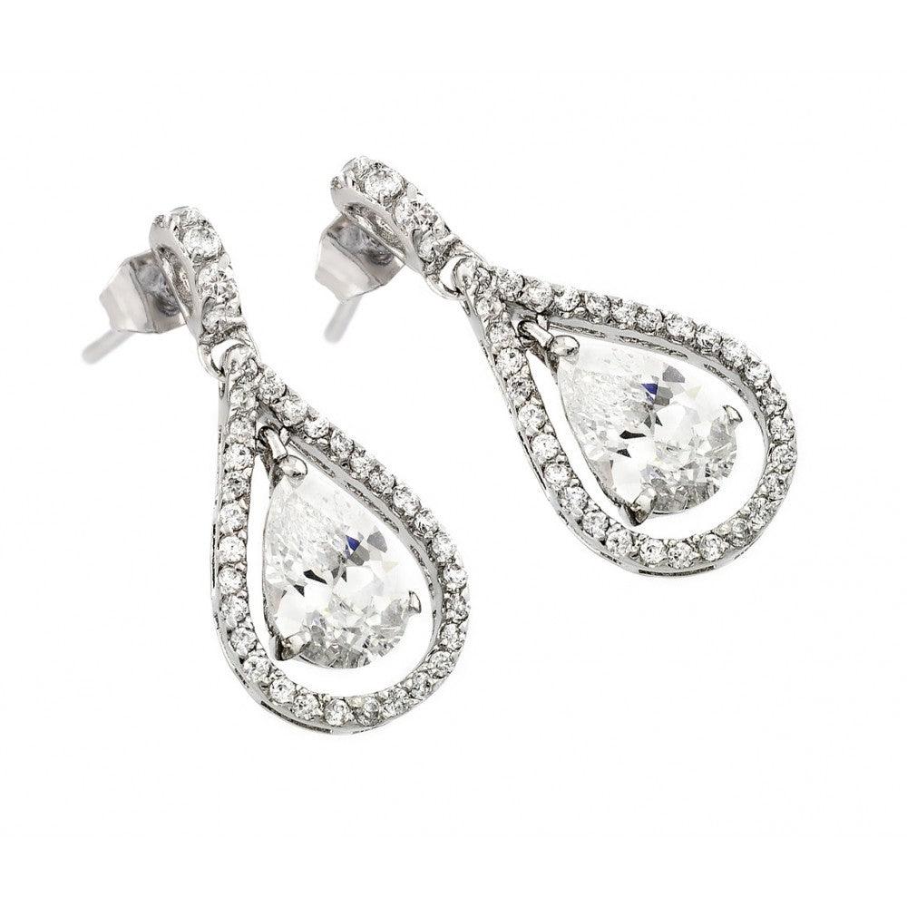 Silver 925 Rhodium Plated Channel Teardrop CZ Dangling Stud Earrings - BGE00366C