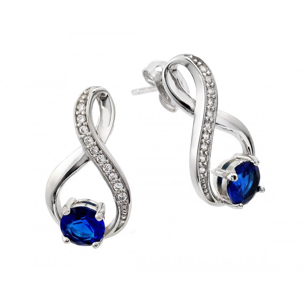 Silver 925 Rhodium Plated Round Blue Round Ribbon Channel CZ Stud Earrings - BGE00383