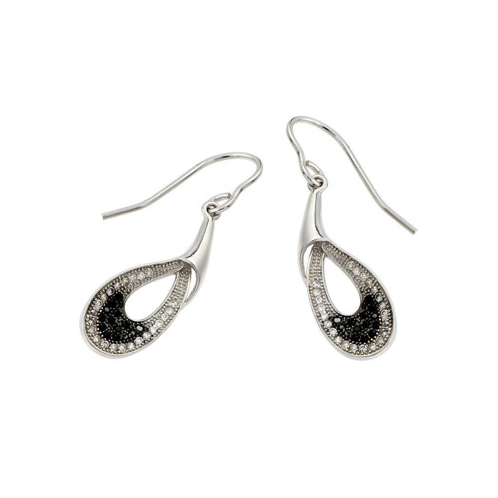 Silver 925 Black and Silver Rhodium Plated Round Open Teardrop CZ Dangling Hook Earrings - BGE00384