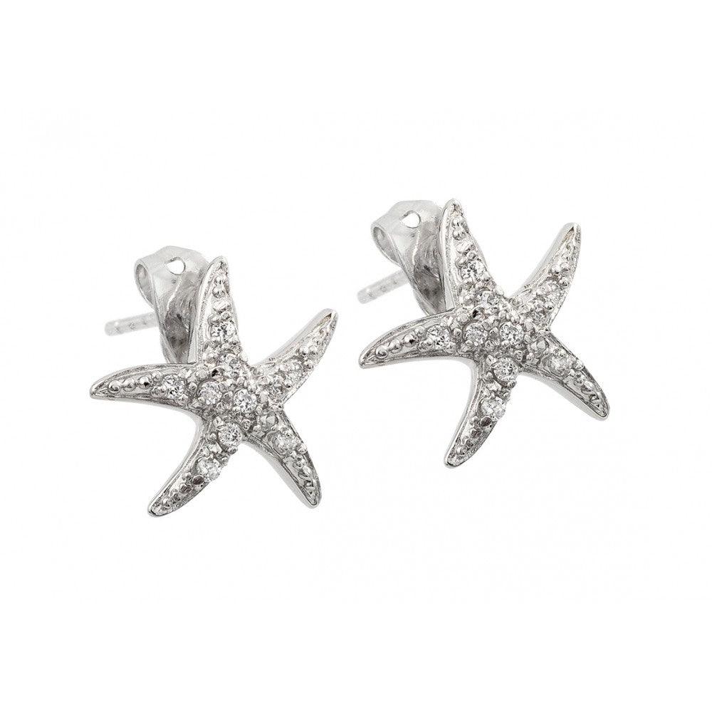 Silver 925 Rhodium Plated Starfish CZ Inlay Stud Earrings - BGE00394