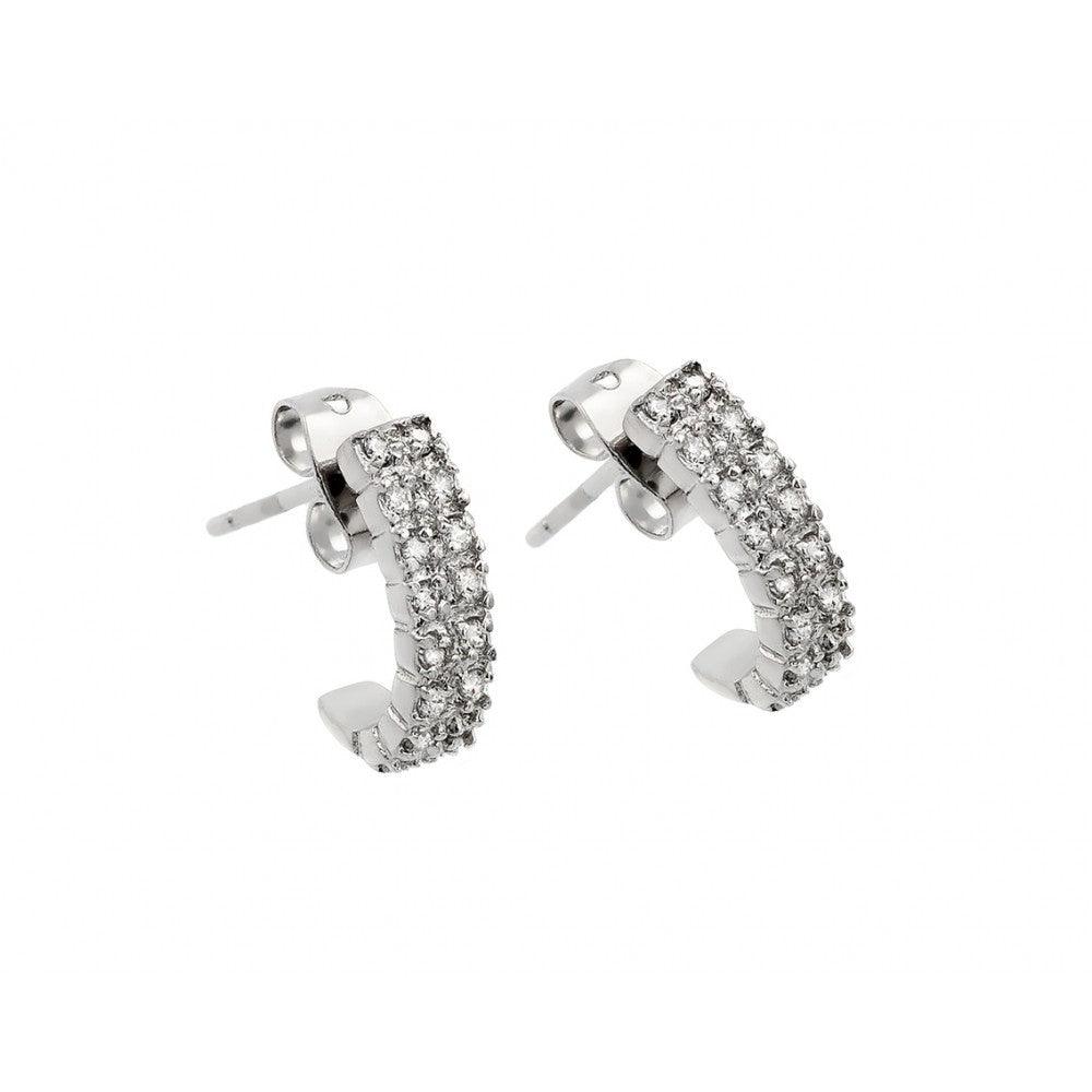 Silver 925 Rhodium Plated Crescent Clear CZ Inlay Semi-huggie hoop Earrings - BGE00398