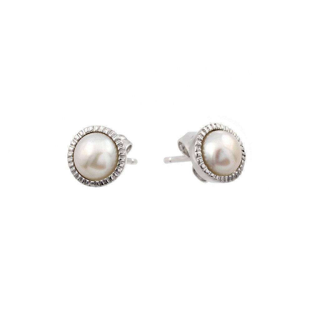 Silver 925 Rhodium Plated Round CZ Inlay Center Fresh Water Pearl Stud Earrings - BGE00404