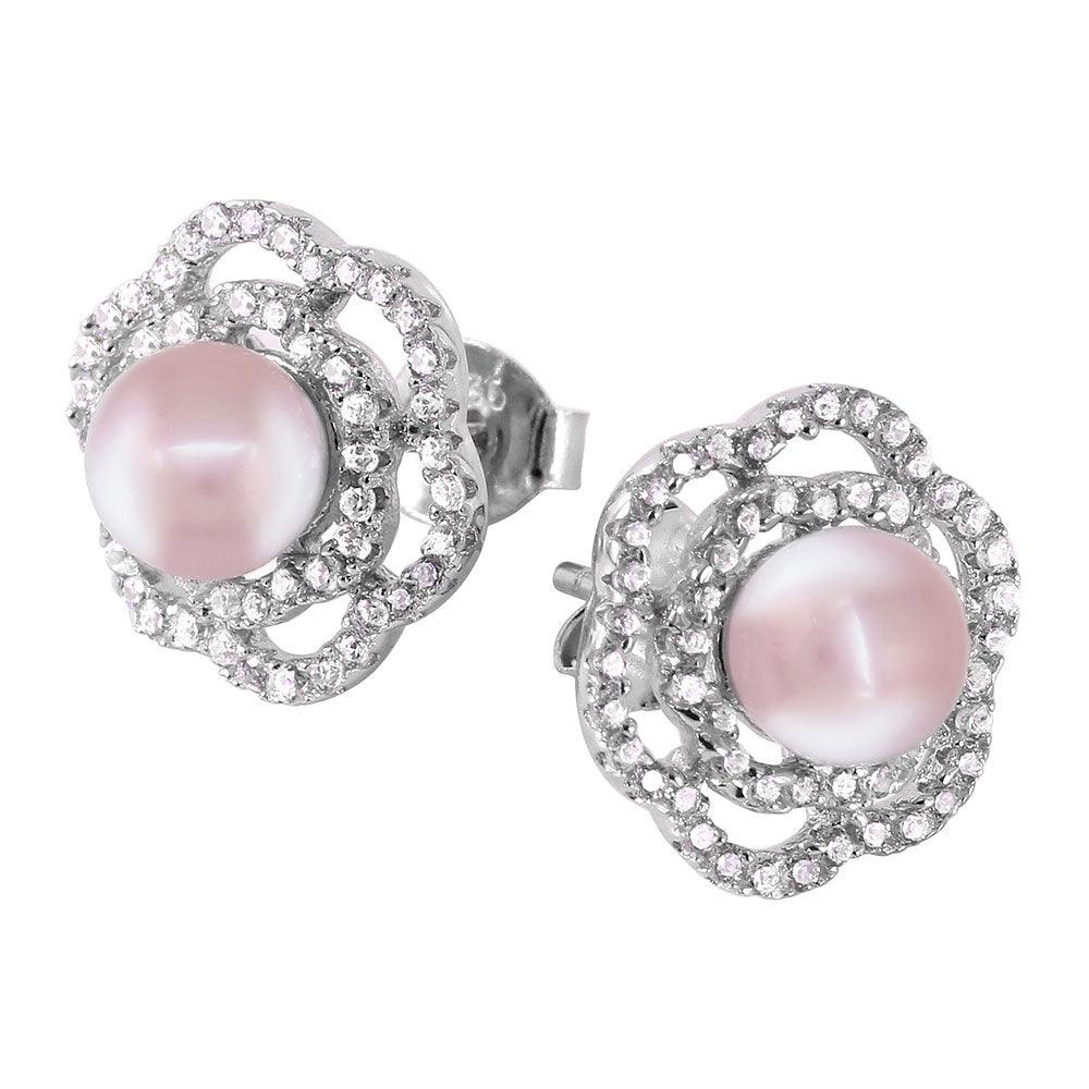 Silver 925 Rhodium Plated Flower Fresh Water Pearl Earrings - BGE00439