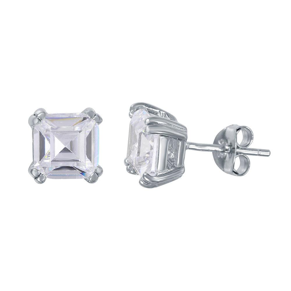 Silver 925 Rhodium Plated Square CZ Solitaire Stud Earrings - BGE00452