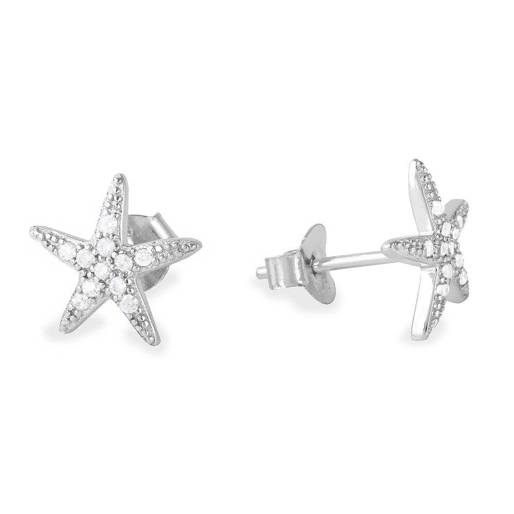 Silver 925 Rhodium Plated CZ Star Earrings - BGE00481