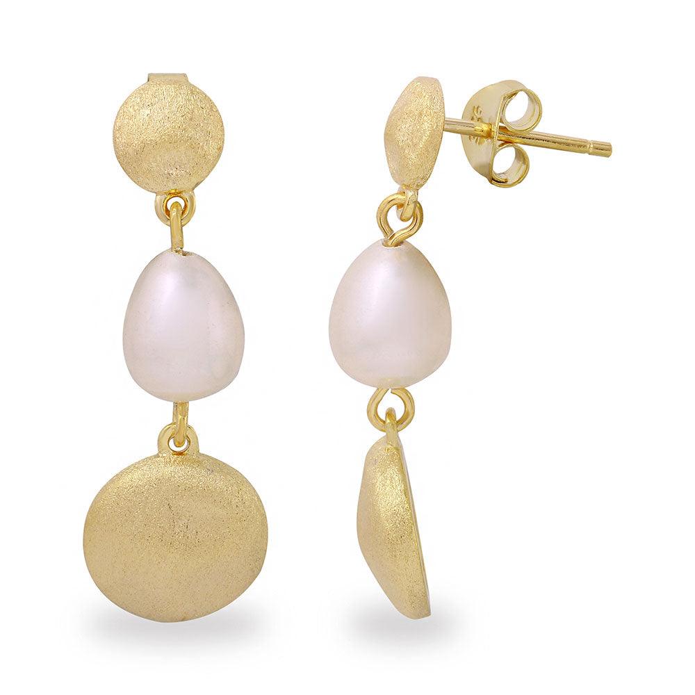 Silver 925 Gold Plated Disc with Hanging Fresh Water Pearl Earrings - BGE00484