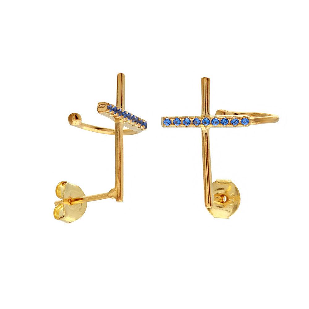 Silver 925 Gold Plated Climbing Cross Earrings with Blue CZ Stones - BGE00493