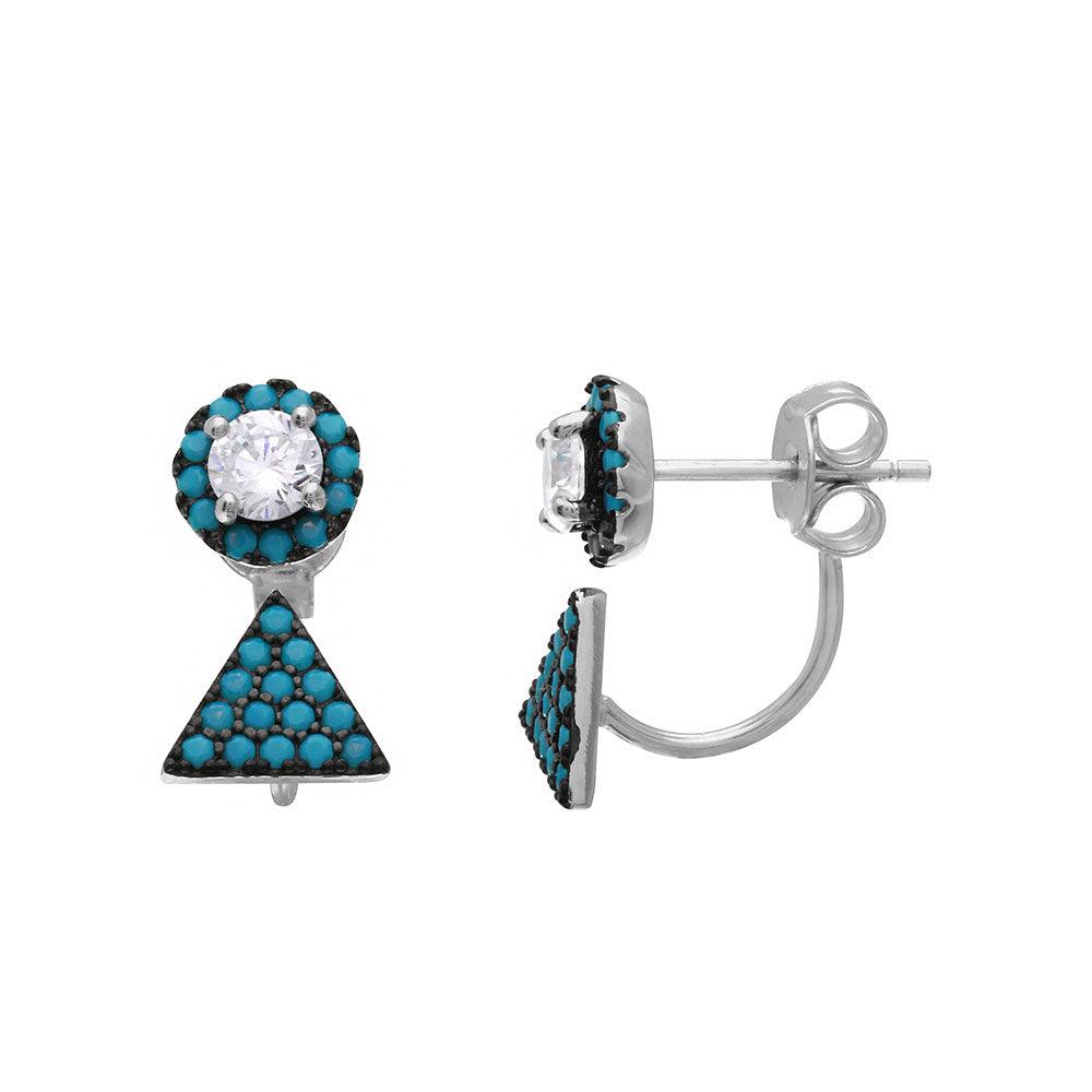 Rhodium Plated 925 Sterling Silver Turquoise Stones Round Earrings with Hanging Triangle Accent - BGE00494