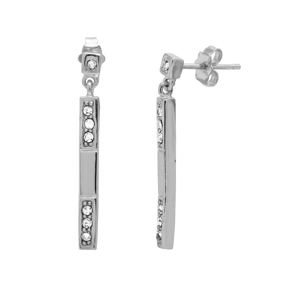 Rhodium Plated 925 Sterling Silver Dangling Bar CZ Earrings - BGE00501