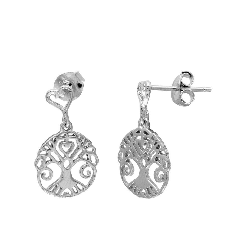 Rhodium Plated 925 Sterling Silver Tree Of Life Outline Disc Dangling Earrings - BGE00505