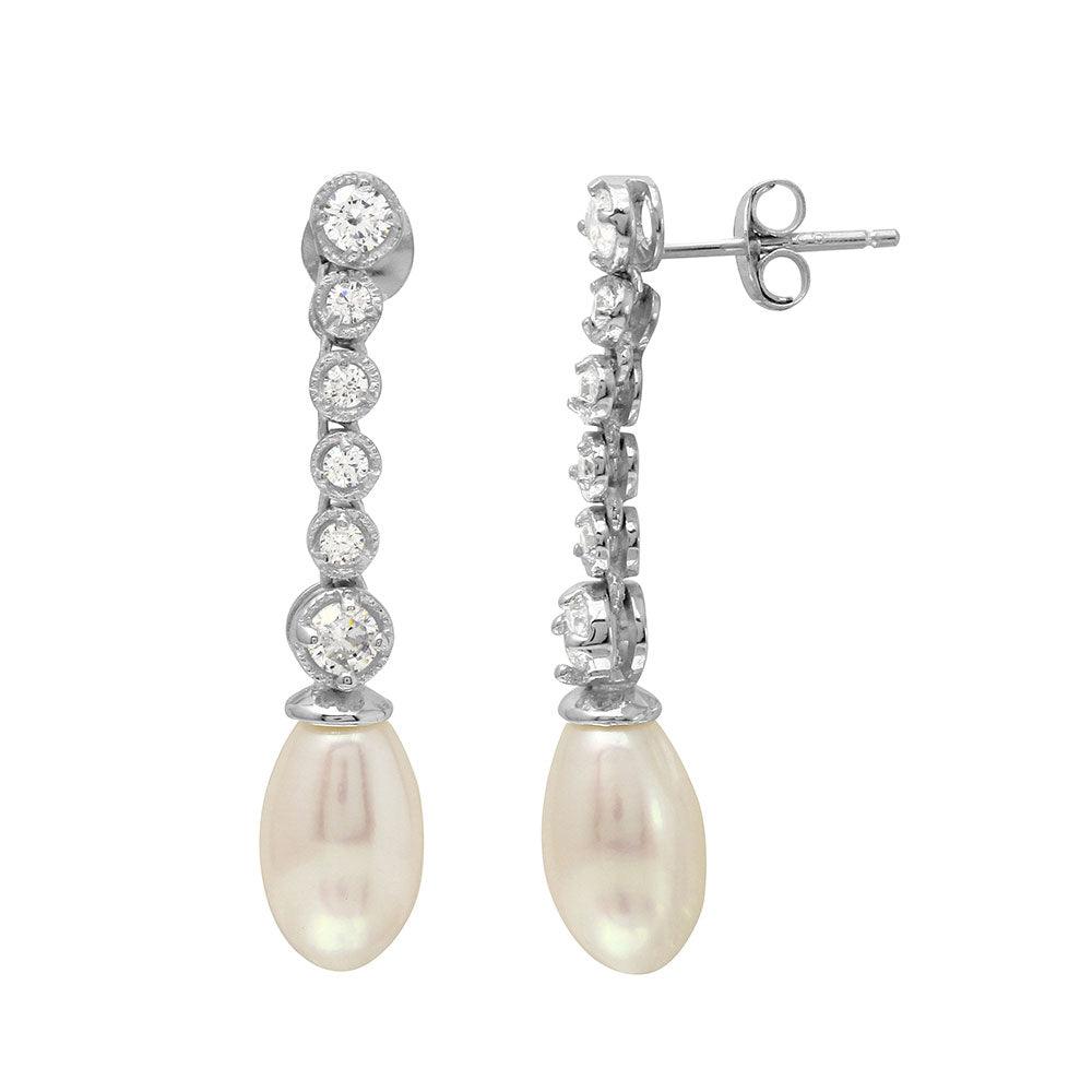 Rhodium Plated 925 Sterling Silver Bubble Dangling Earrings with Fresh Water Pearl - BGE00513