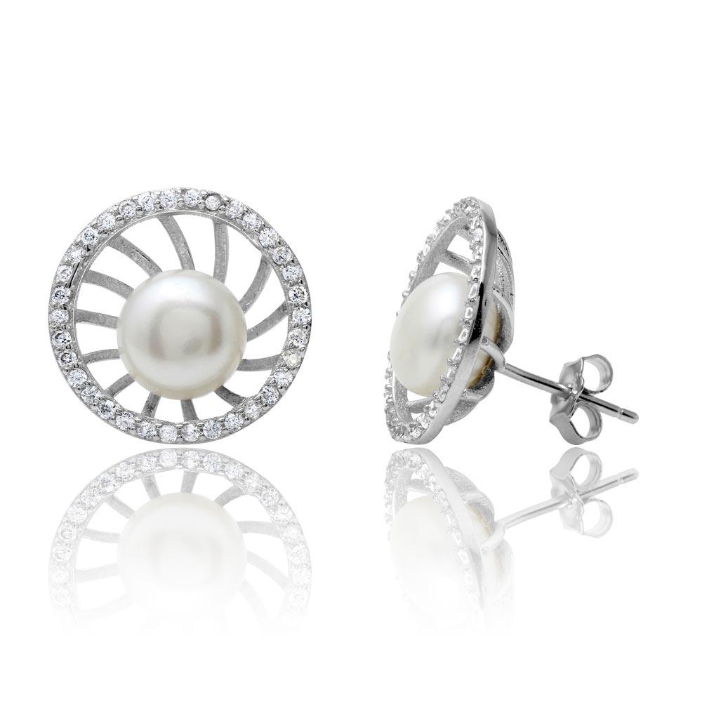 Rhodium Plated 925 Sterling Silver Fresh Water Pearl Center CZ Border Stud Earrings - BGE00514