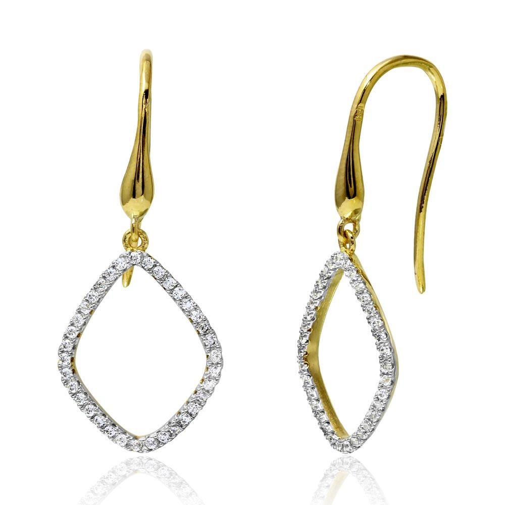 Gold Plated 925 Sterling Silver Open Pear CZ Dangling Earrings - BGE00518